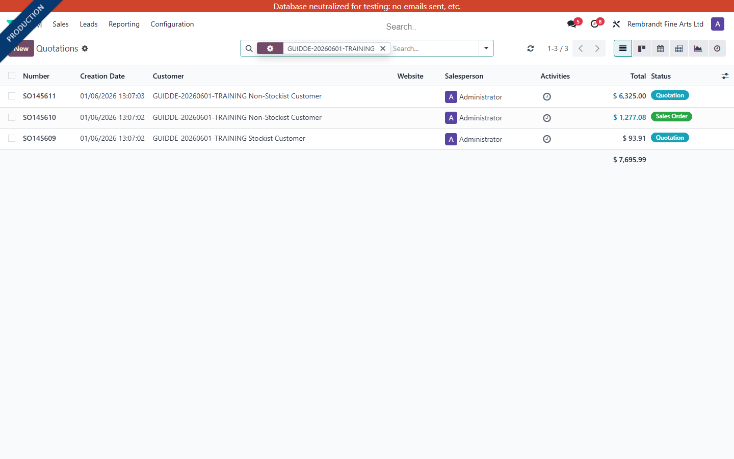 Training transactions list