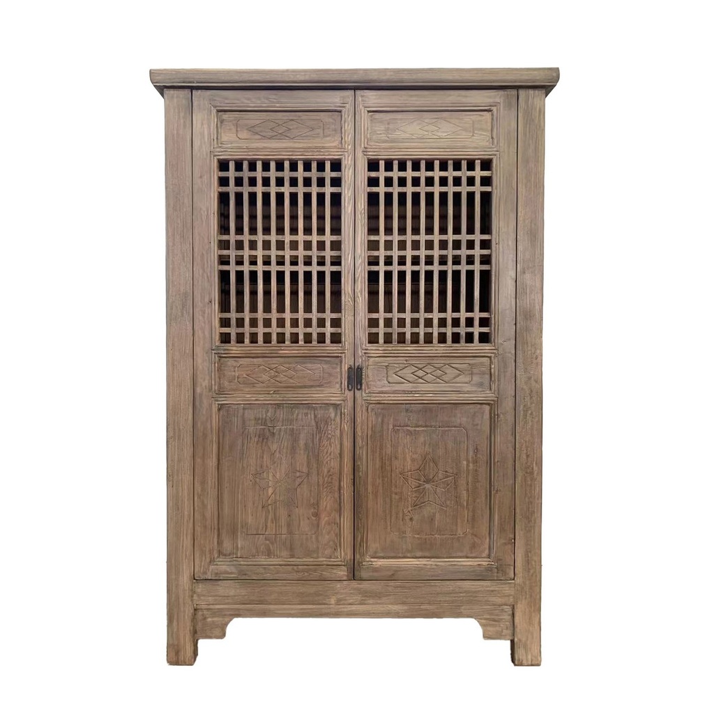 HARVEST CARVED 2 DOOR SHOWCASE CABINET - RECLAIMED ELM