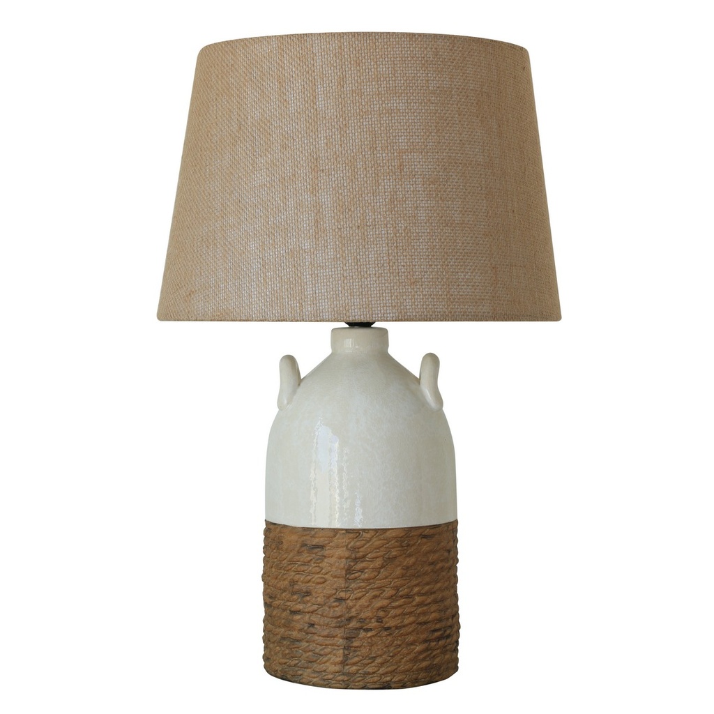ANTIQUE CERAMIC LAMP W/ HESSIAN SHADE