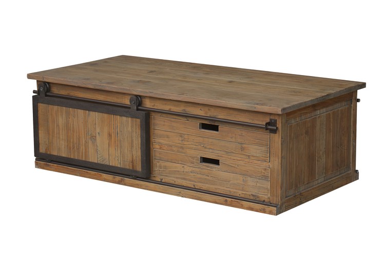 COFFEE TABLE W / SLIDING DOOR - OLD PINE / IRON