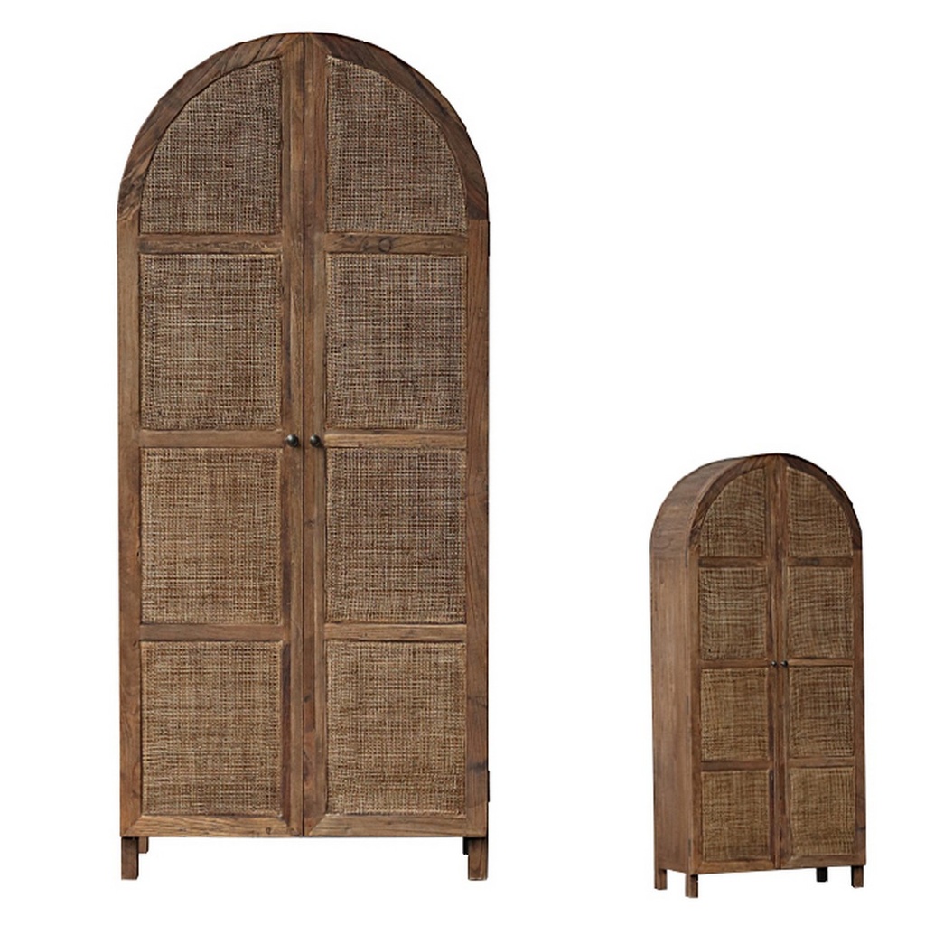 SANTORINI ARCHED OLD ELM & RATTAN CABINET - BLEACHED ELM