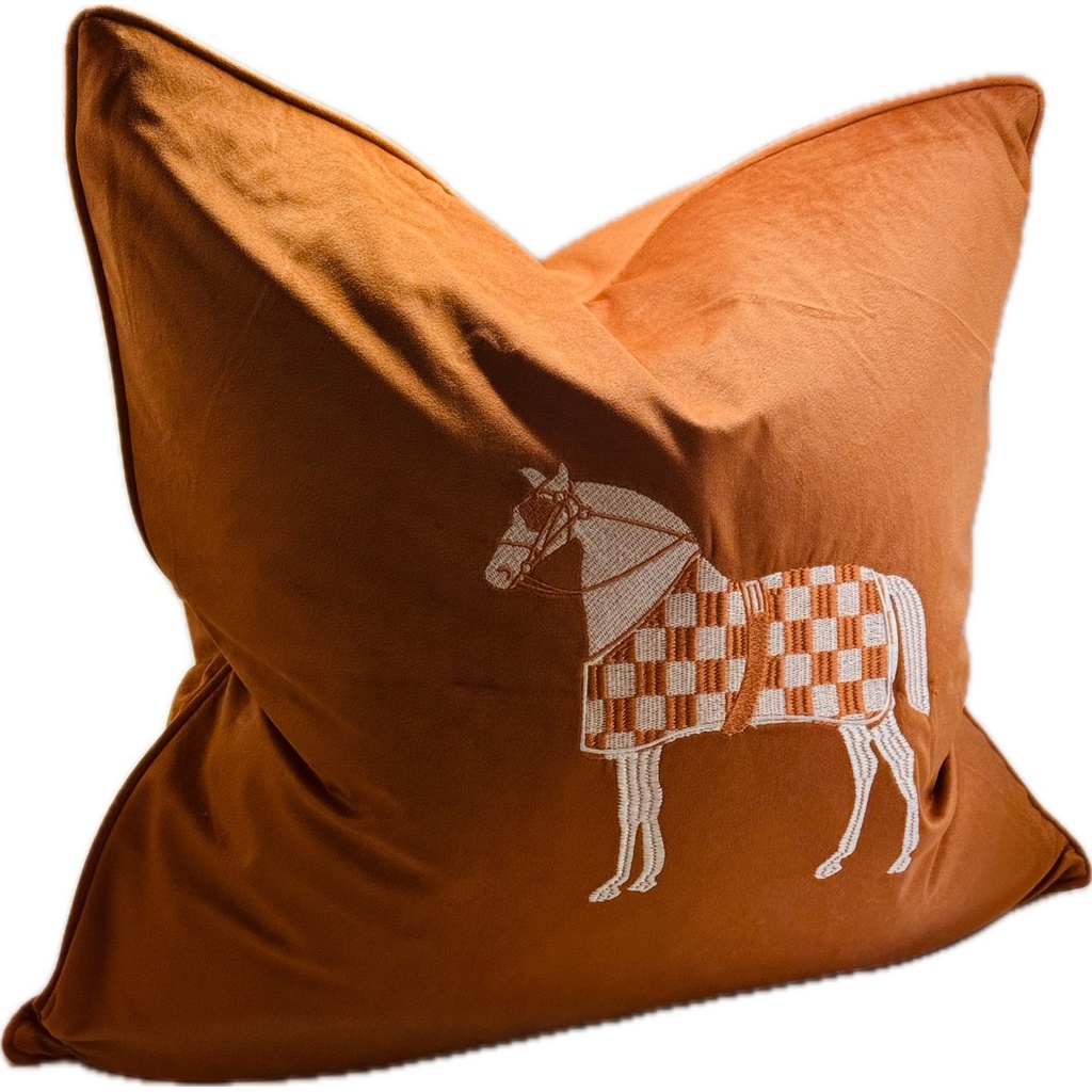 SNUGG & CO. CUSHION COVER - HORSE EMBROIDERY CUSHION COVER - ORANGE VELVET