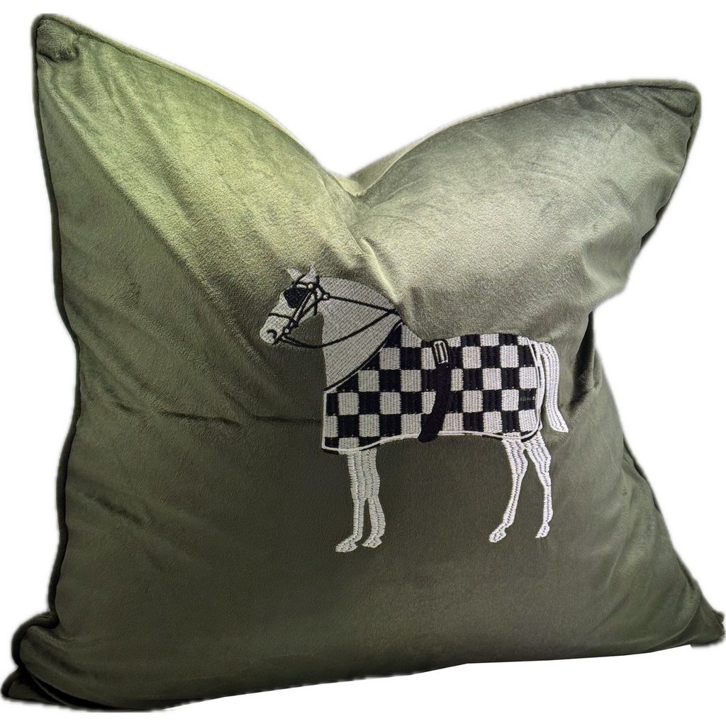 SNUGG & CO. CUSHION COVER - HORSE EMBROIDERY CUSHION COVER - GREEN VELVET
