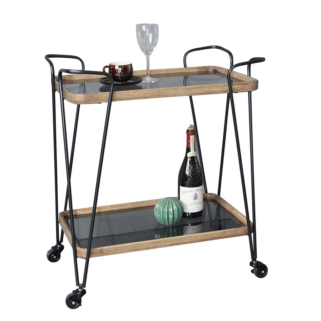 WOODEN & METAL BAR CART (GREY GLASS) - NATURAL/BLACK