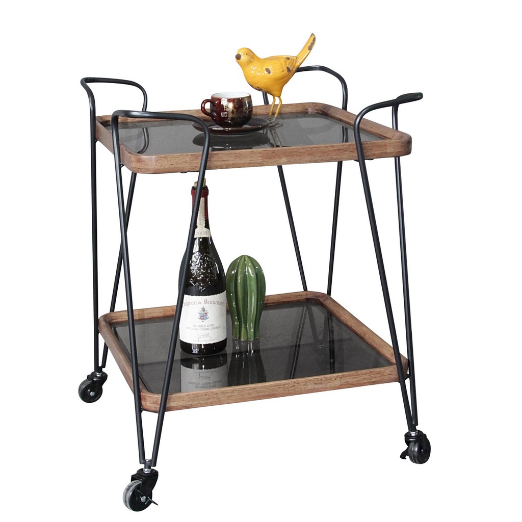 WOODEN & METAL BAR CART (GREY GLASS) - NATURAL/BLACK