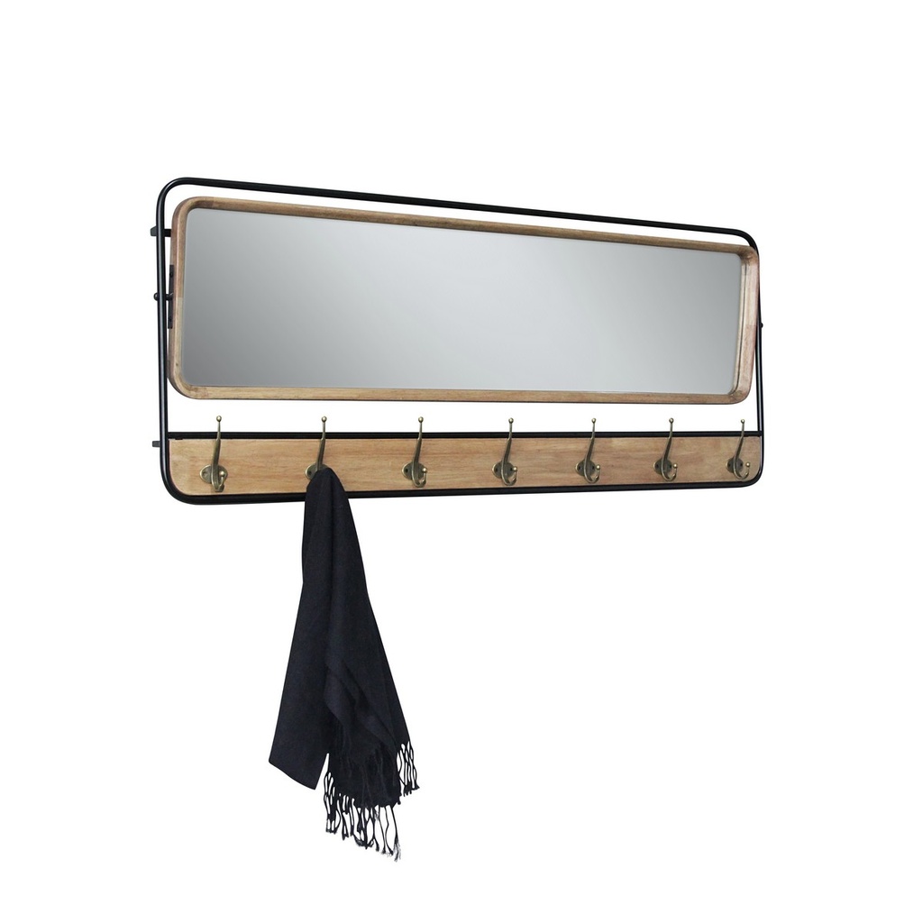 WALL MIRROR W/COAT HOOKS - NATURAL/BLACK