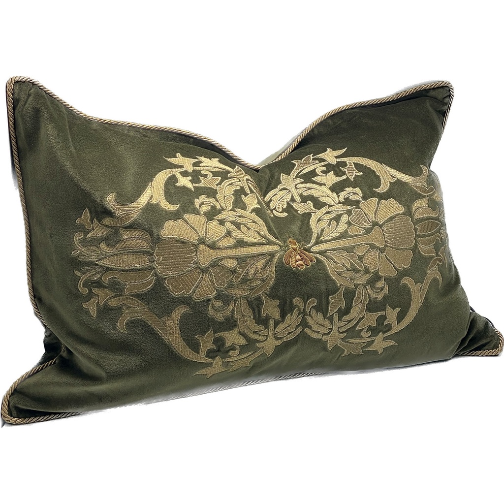 CUSHION COVER - HAND EMBROIDERED - GREEN / GOLD