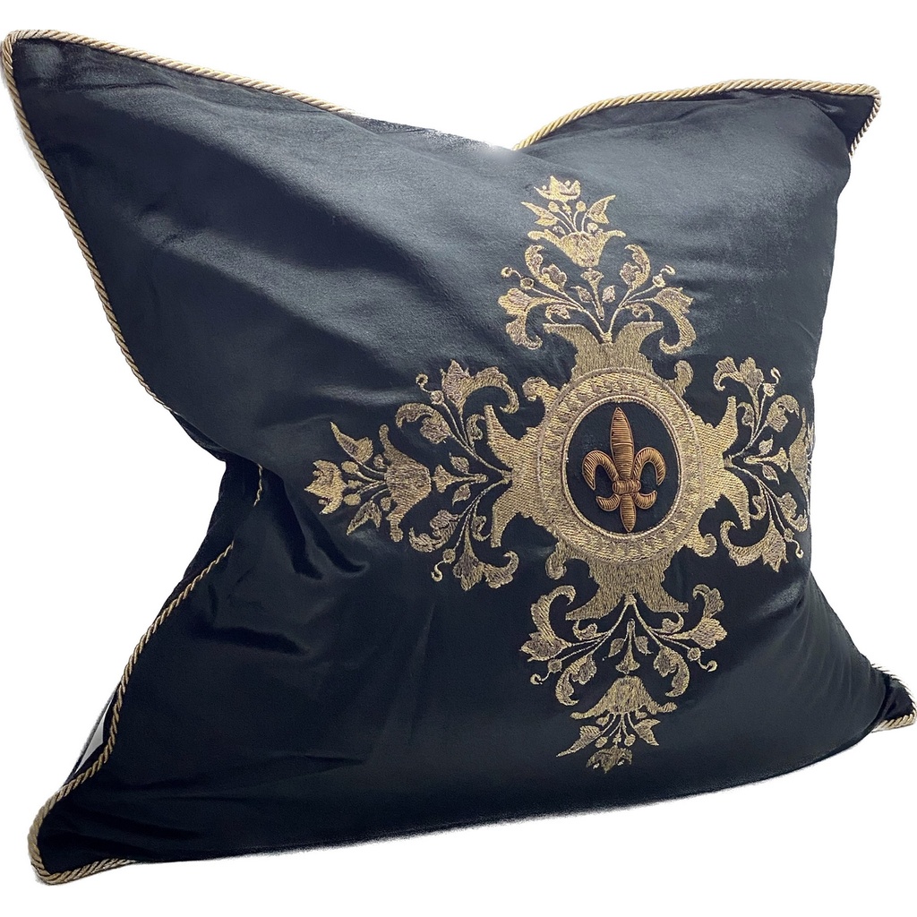 CUSHION COVER - HAND EMBROIDERED - BLACK / GOLD