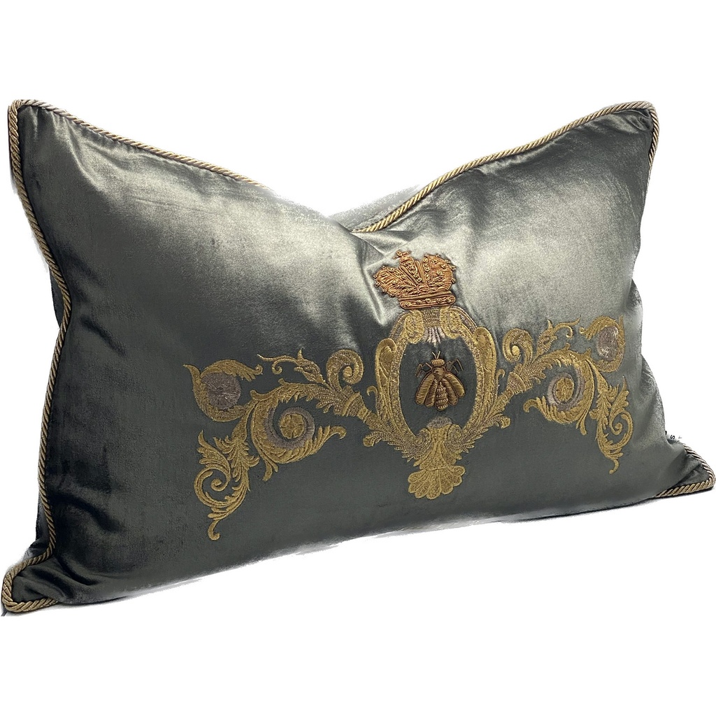 CUSHION COVER - HAND EMBROIDERED - CHARCOAL / GOLD
