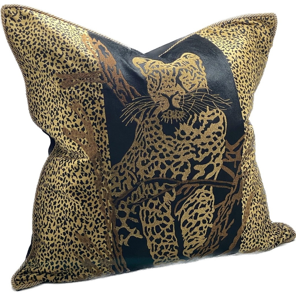 CUSHION COVER - HAND EMBROIDERED - LEOPARD / BLACK