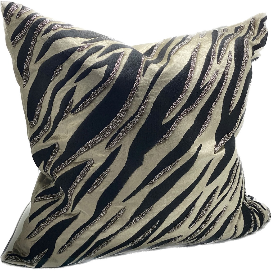 CUSHION COVER - HAND EMBROIDERED - BLACK / FAWN