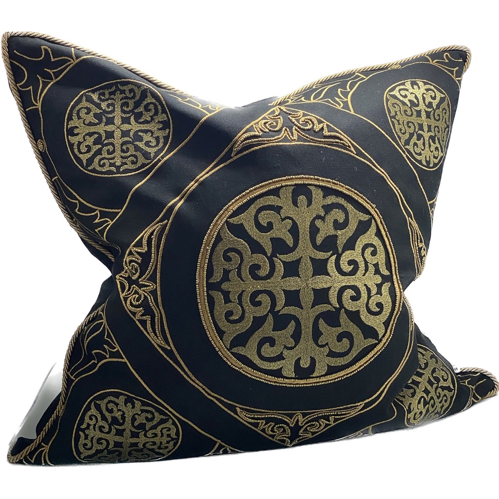 CUSHION COVER - HAND EMBROIDERED - BLACK / GOLD