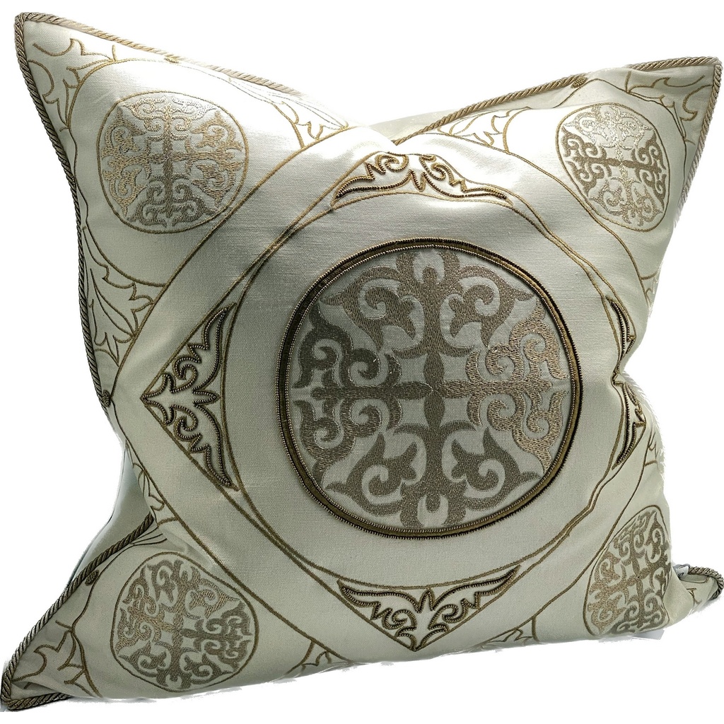 CUSHION COVER - HAND EMBROIDERED - WHITE / GOLD