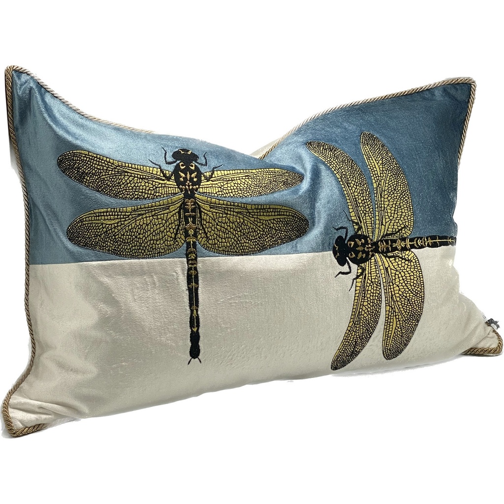 CUSHION COVER - HAND EMBROIDERED - BLUE / WHITE / GOLD