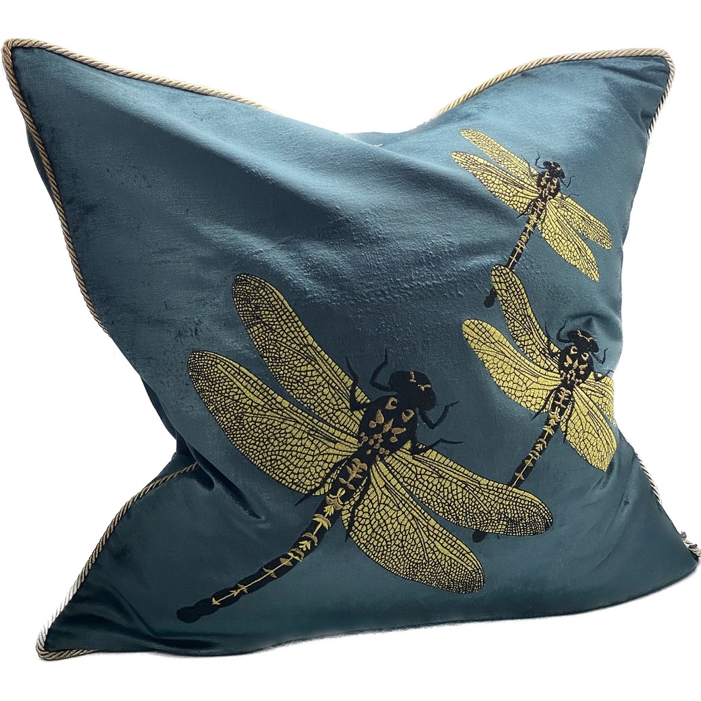 CUSHION COVER - HAND EMBROIDERED - BLUE / GOLD