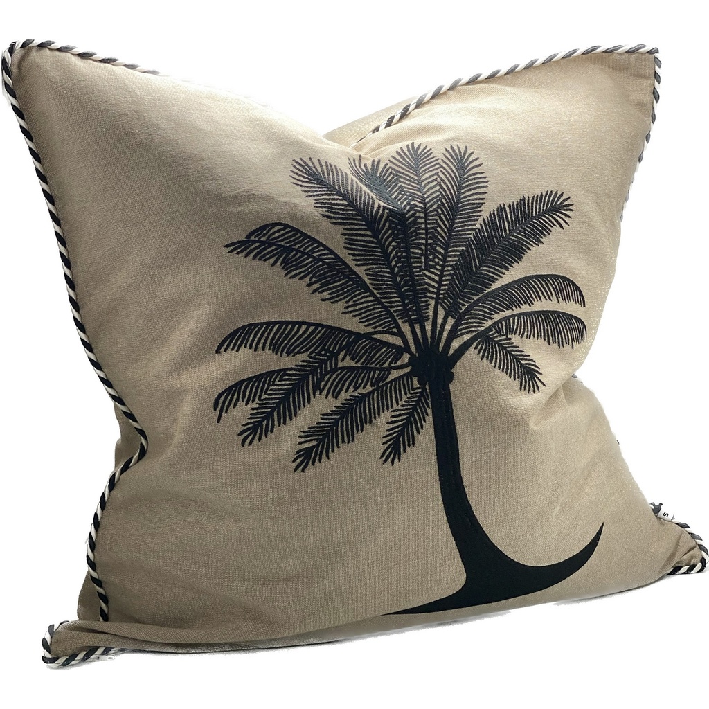 CUSHION COVER - HAND EMBROIDERED - NATURAL / BLACK