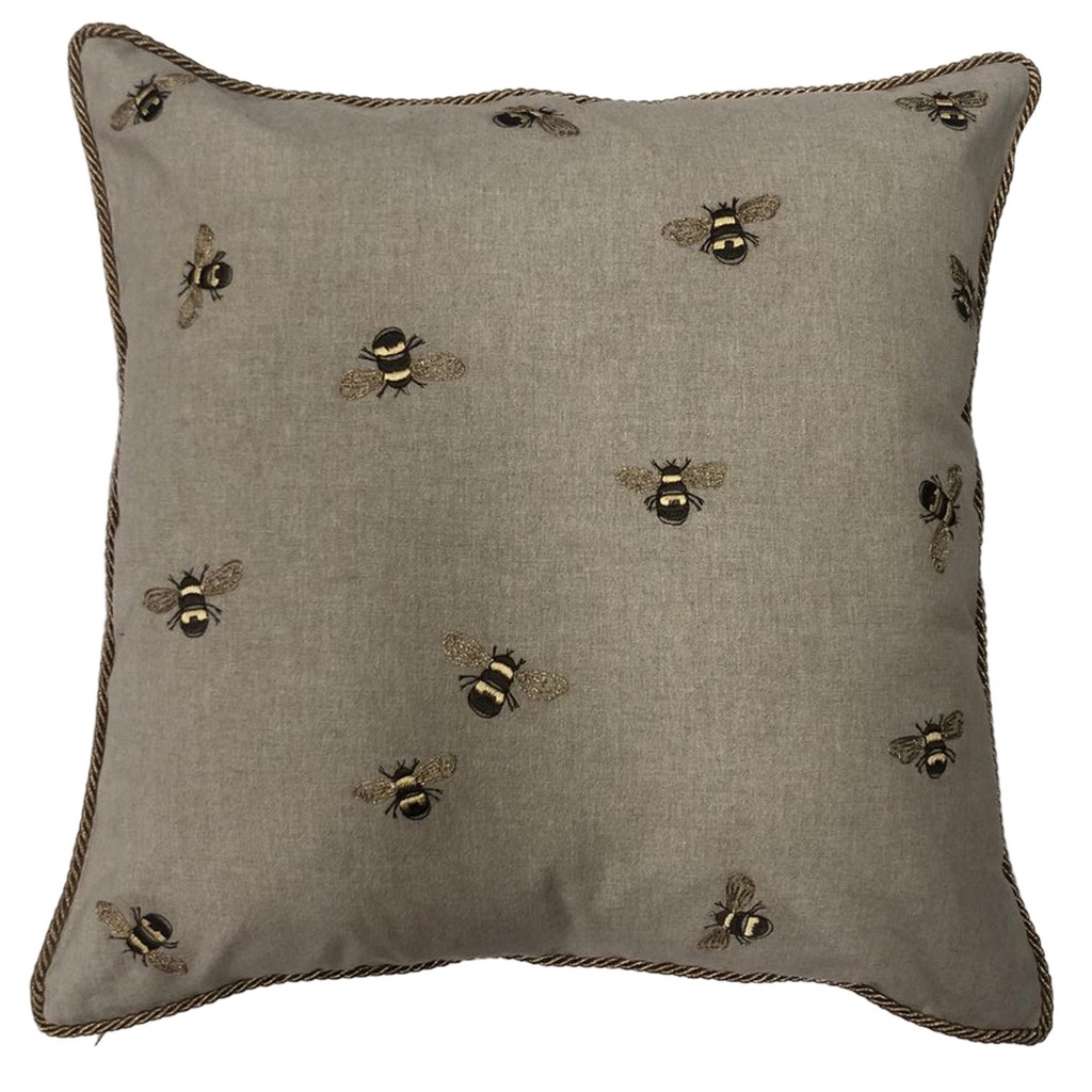 CUSHION COVER - HAND EMBROIDERED  - NATURAL CHAMBREY W/ BEES
