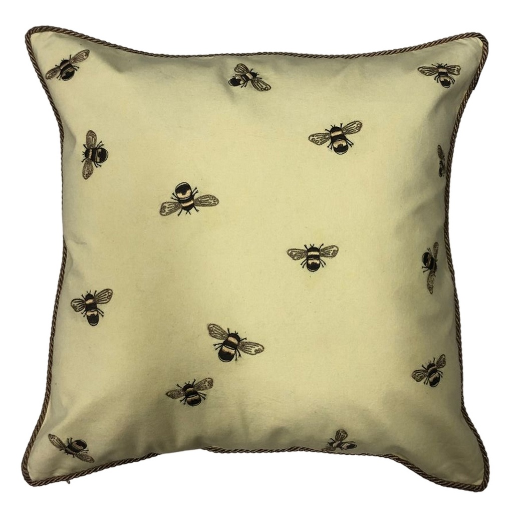 CUSHION COVER - HAND EMBROIDERED  - GOLD W/ BLACK BEES