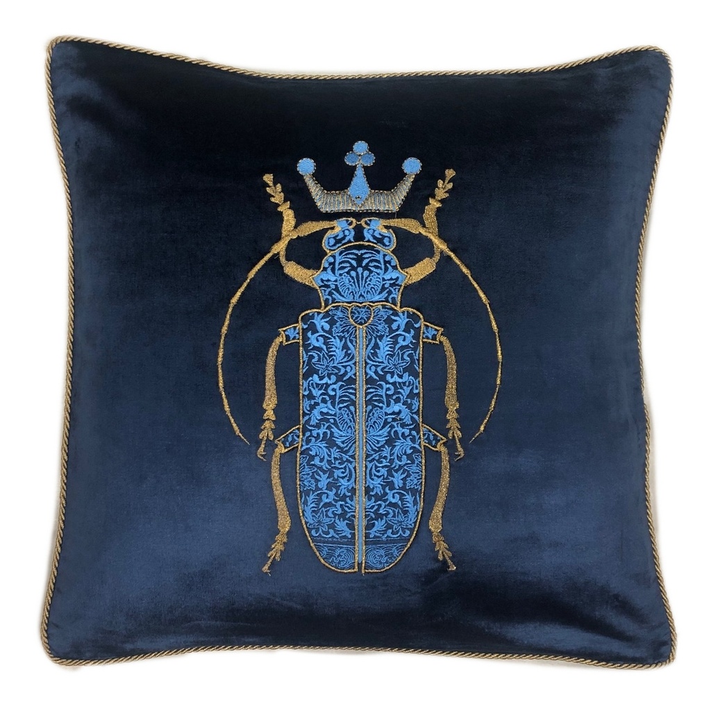 CUSHION COVER - HAND EMBROIDERED  - BLUE W/ BLUE BUG