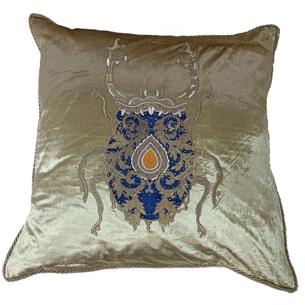 CUSHION COVER - HAND EMBROIDERED  - GOLD W/ GOLD & BLUE BUG