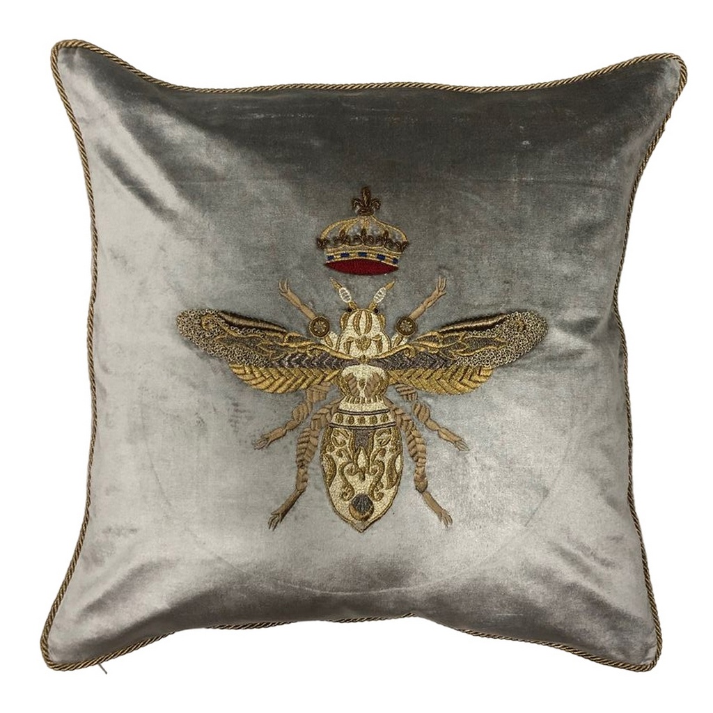 CUSHION COVER - HAND EMBROIDERED  - PLATINUM W/ GOLD BEE