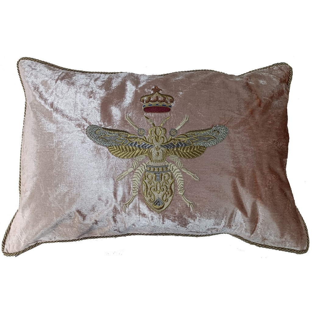 CUSHION COVER - HAND EMBROIDERED  - BLUSH W/GOLD BEE