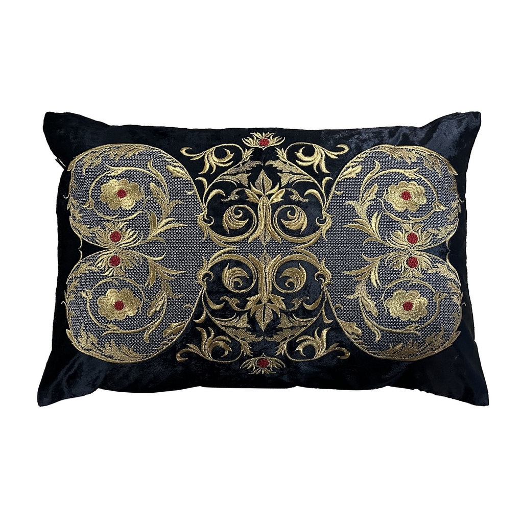 CUSHION COVER - HAND EMBROIDERED  - BLACK W/ANTIQUE GOLD DESIGN