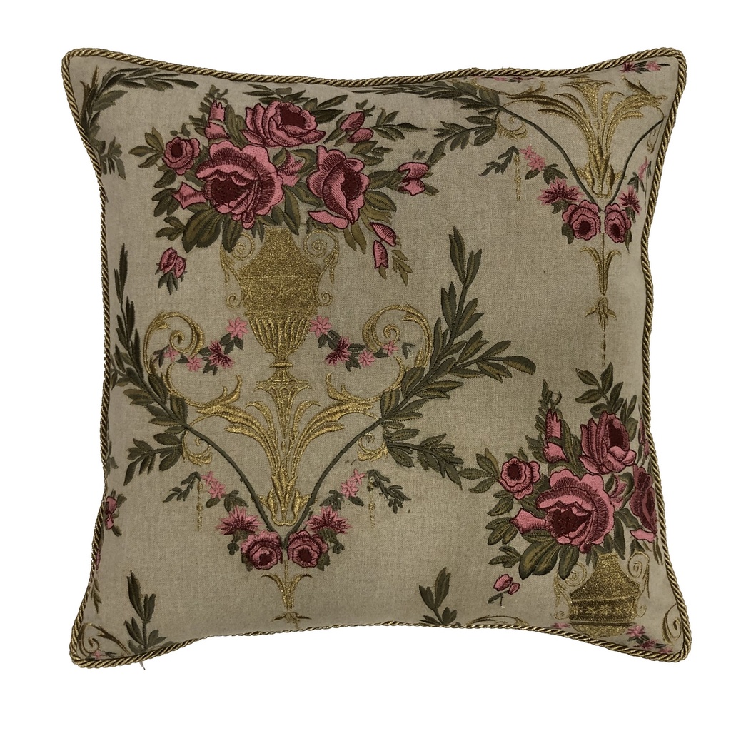 CUSHION COVER - HAND EMBROIDERED  - PINK & GOLD CHAMBREY
