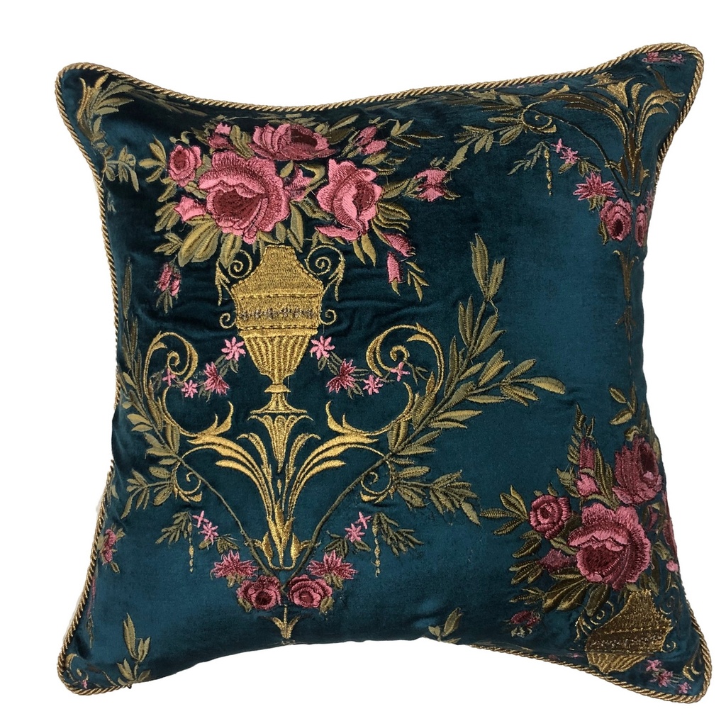 CUSHION COVER - HAND EMBROIDERED  - PONK & GOLD ON BLUE CHAMBREY
