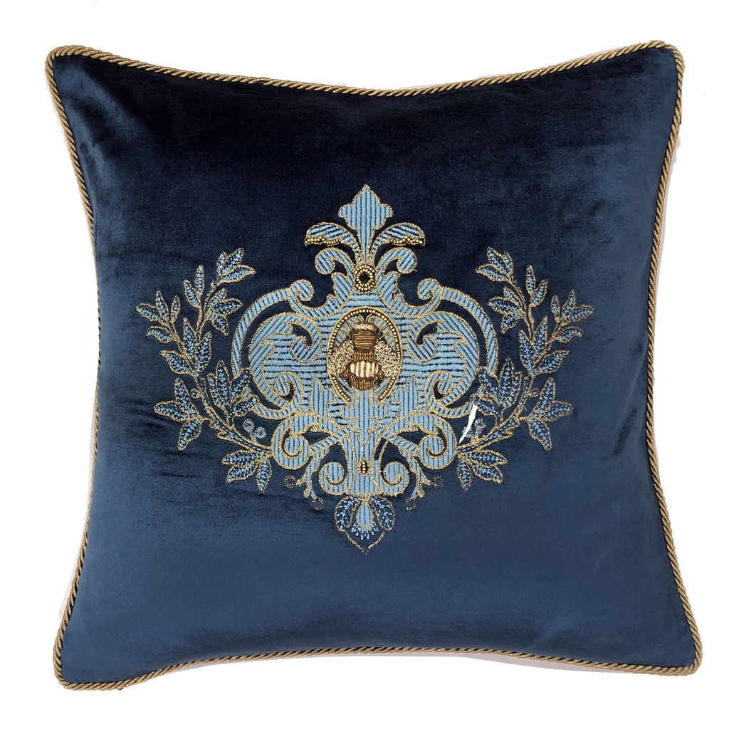 CUSHION COVER - HAND EMBROIDERED  - TEAL W/ BLUE WREATH