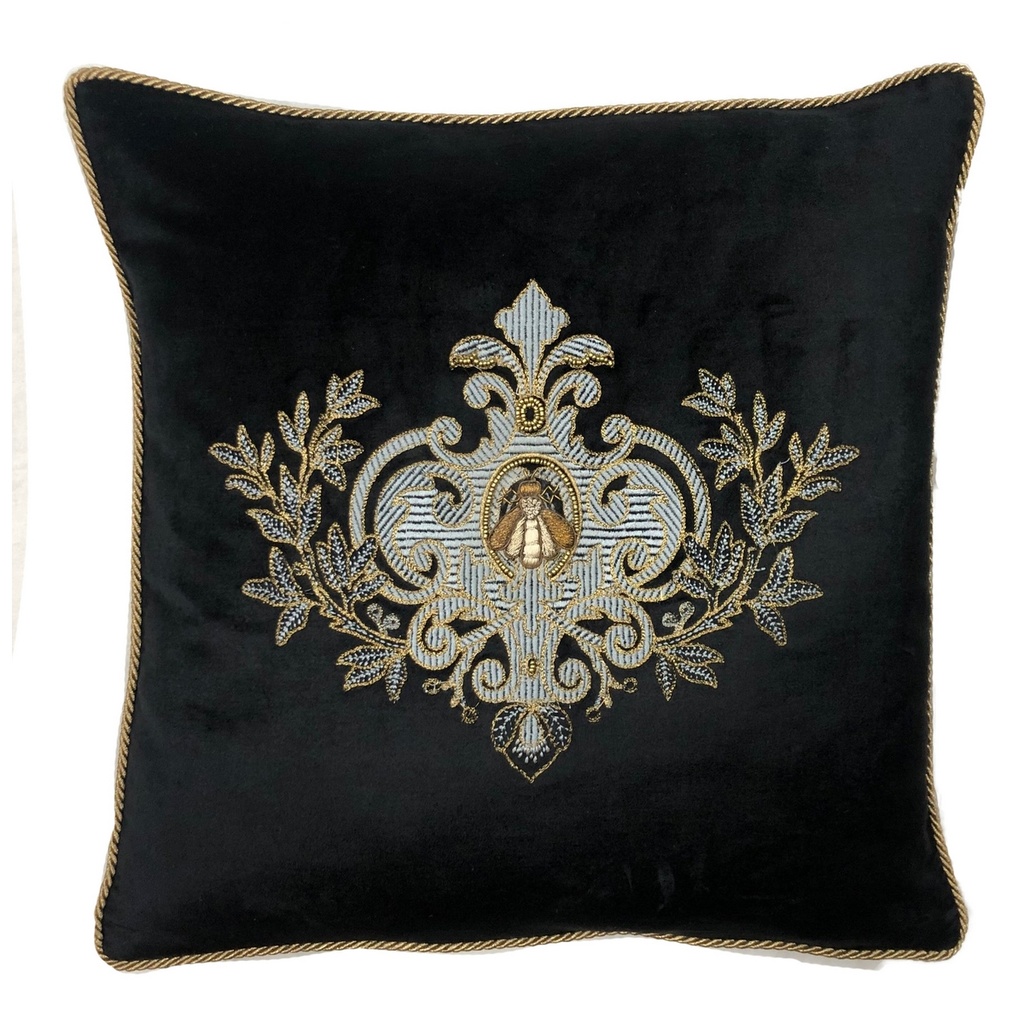 CUSHION COVER - HAND EMBROIDERED  - BALCK W/ GREY WREATH