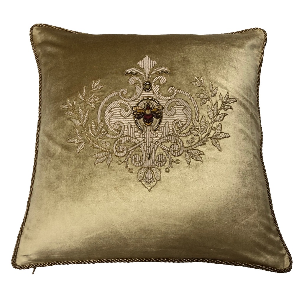 CUSHION COVER - HAND EMBROIDERED  - ANTIQUE GOLD W/ GOLD WREATH