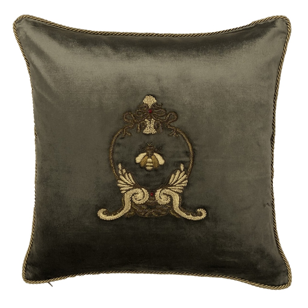 CUSHION COVER - HAND EMBROIDERED  - ANTIQUE GREEN W/BEE WREATH