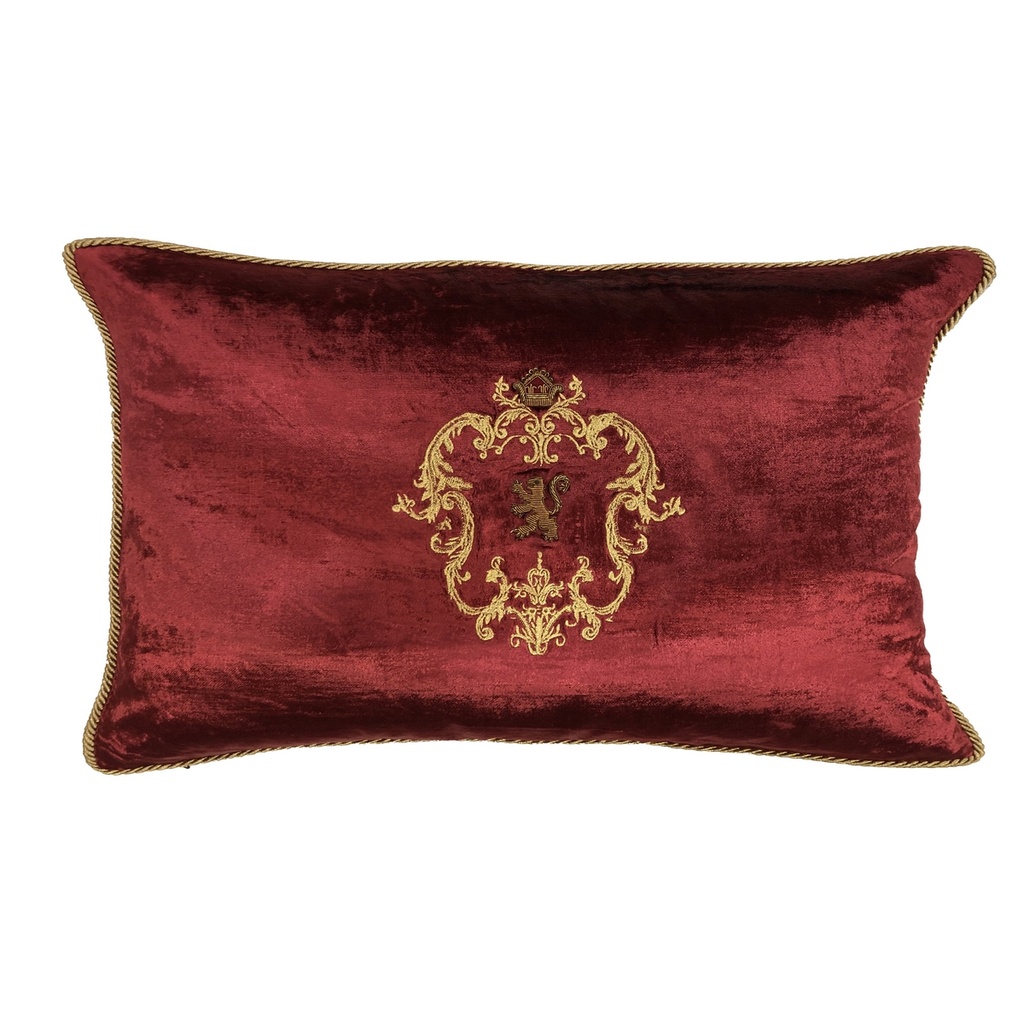 CUSHION COVER - HAND EMBROIDERED  - MAROON W/ GOLD LION WREATH