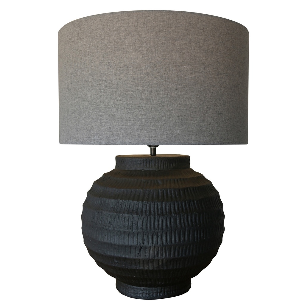 BLACK TERRACOTTA LAMP W/ GREY LINEN SHADE