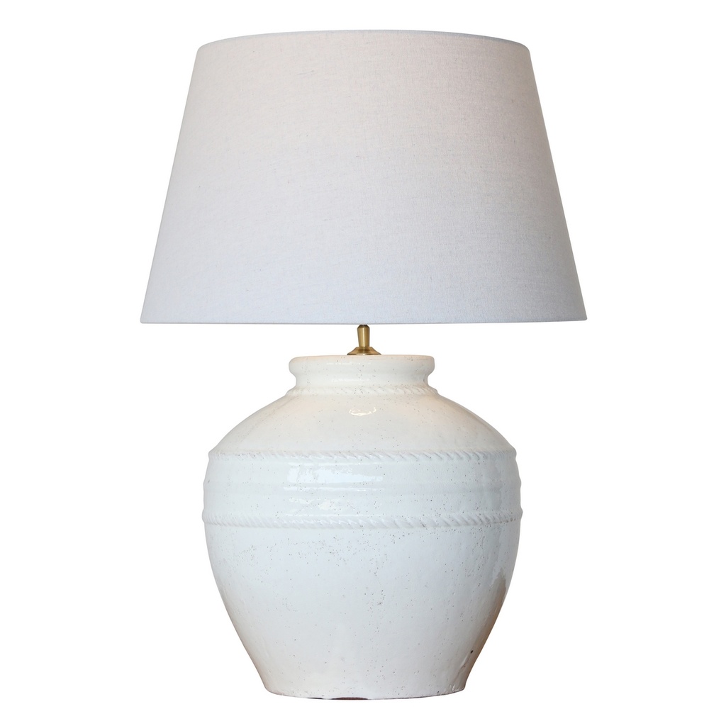 WHITE TERRACOTTA LAMP W/ WHITE LINEN SHADE