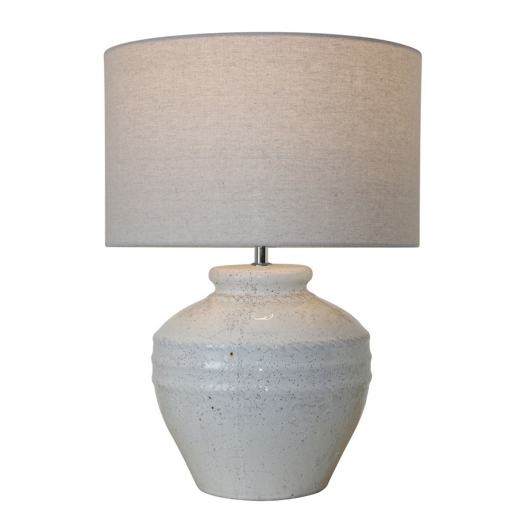 WHITE TERRACOTTA LAMP W/ WHITE LINEN SHADE