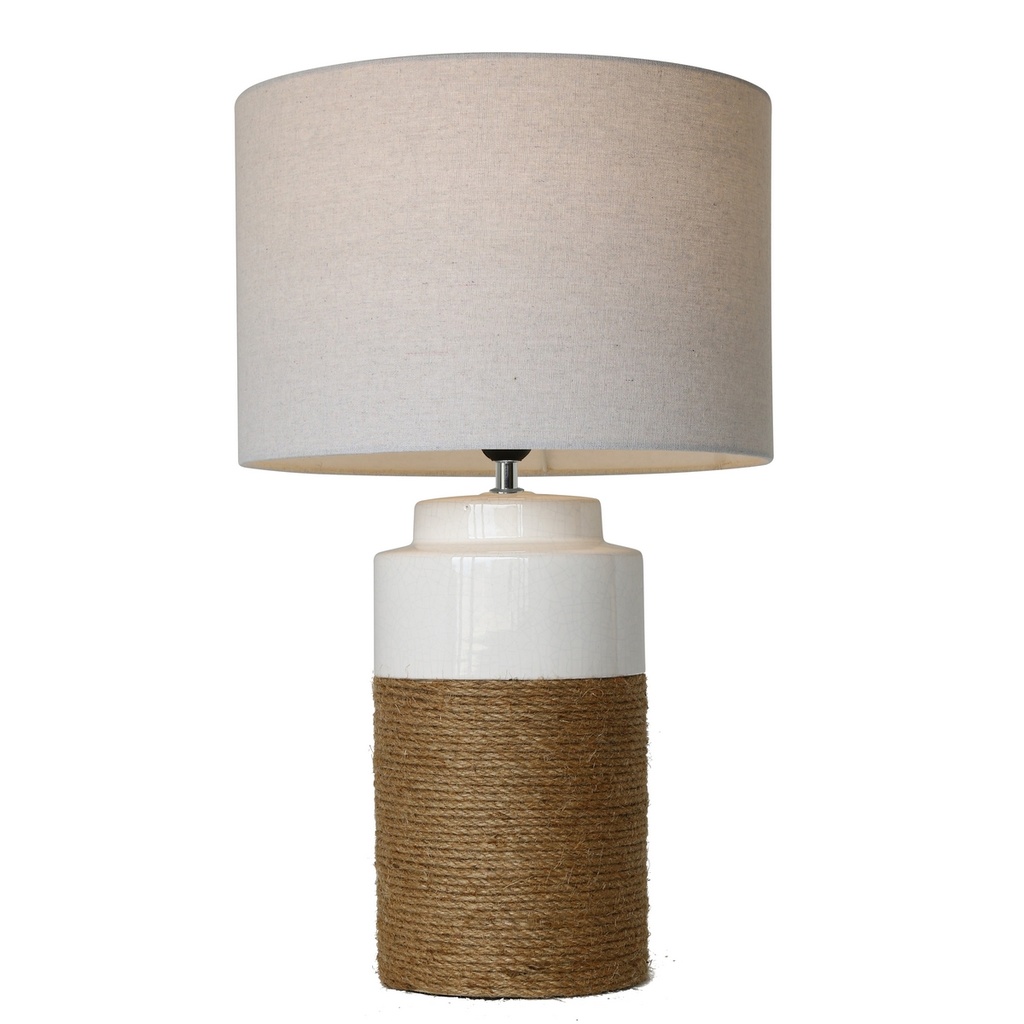 WHITE CERAMIC /ROPE LAMP W/ NATURAL LINEN SHADE
