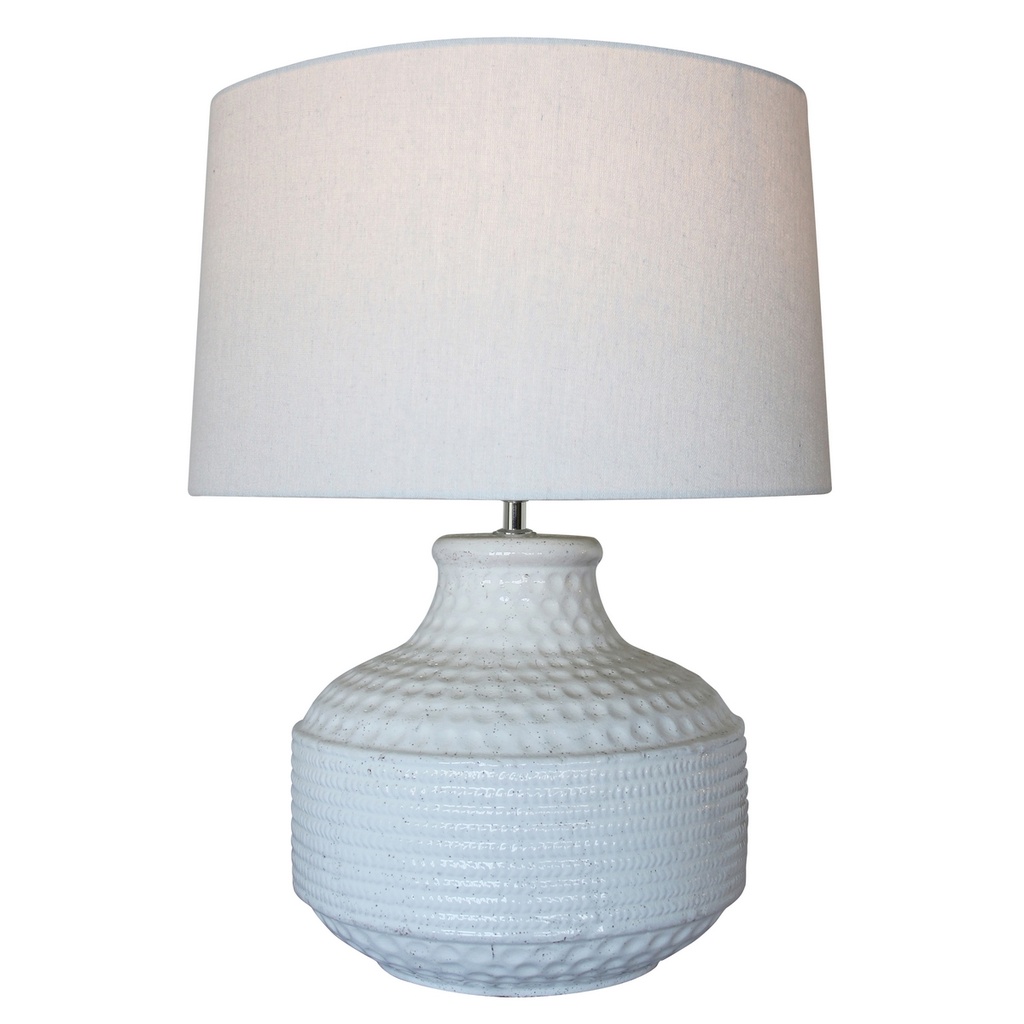 WHITE TERRACOTTA LAMP W/ WHITE LINEN SHADE