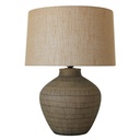 BROWN CERAMIC LAMP W/ HESSIAN SHADE
