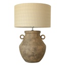 BROWN CERAMIC LAMP W/ HESSIAN SHADE