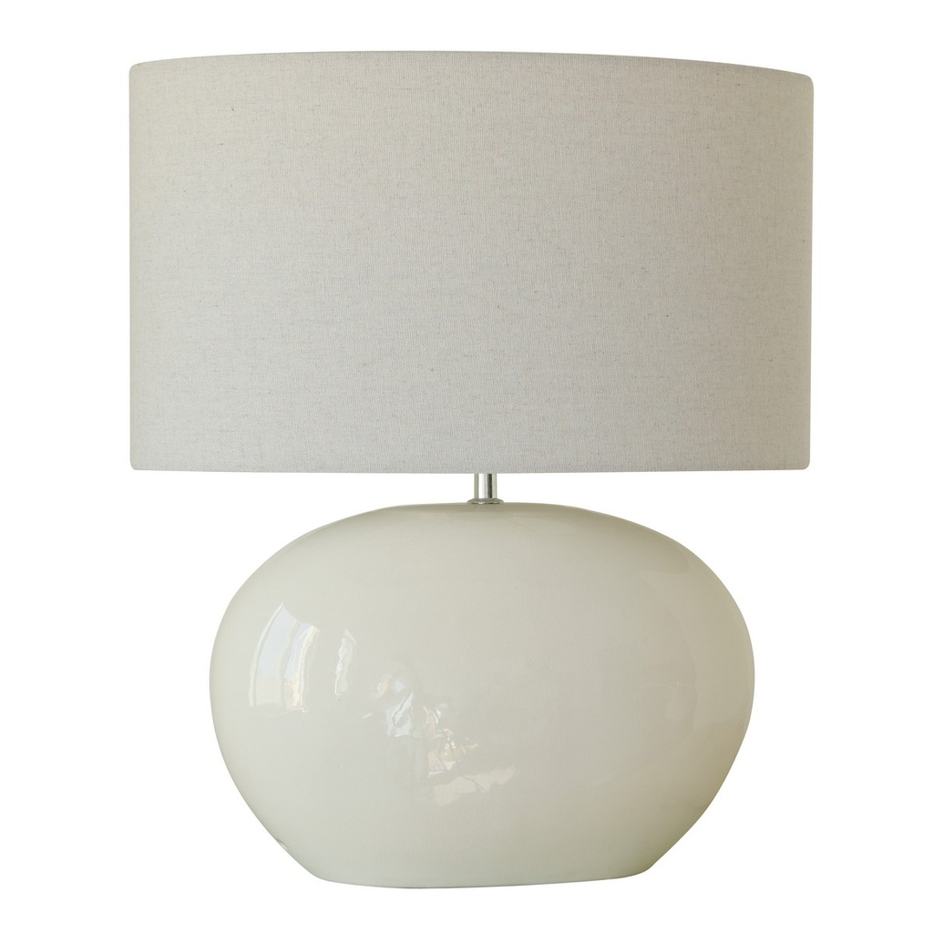 GLAZED WHITE CERAMIC LAMP W/ LINEN SHADE