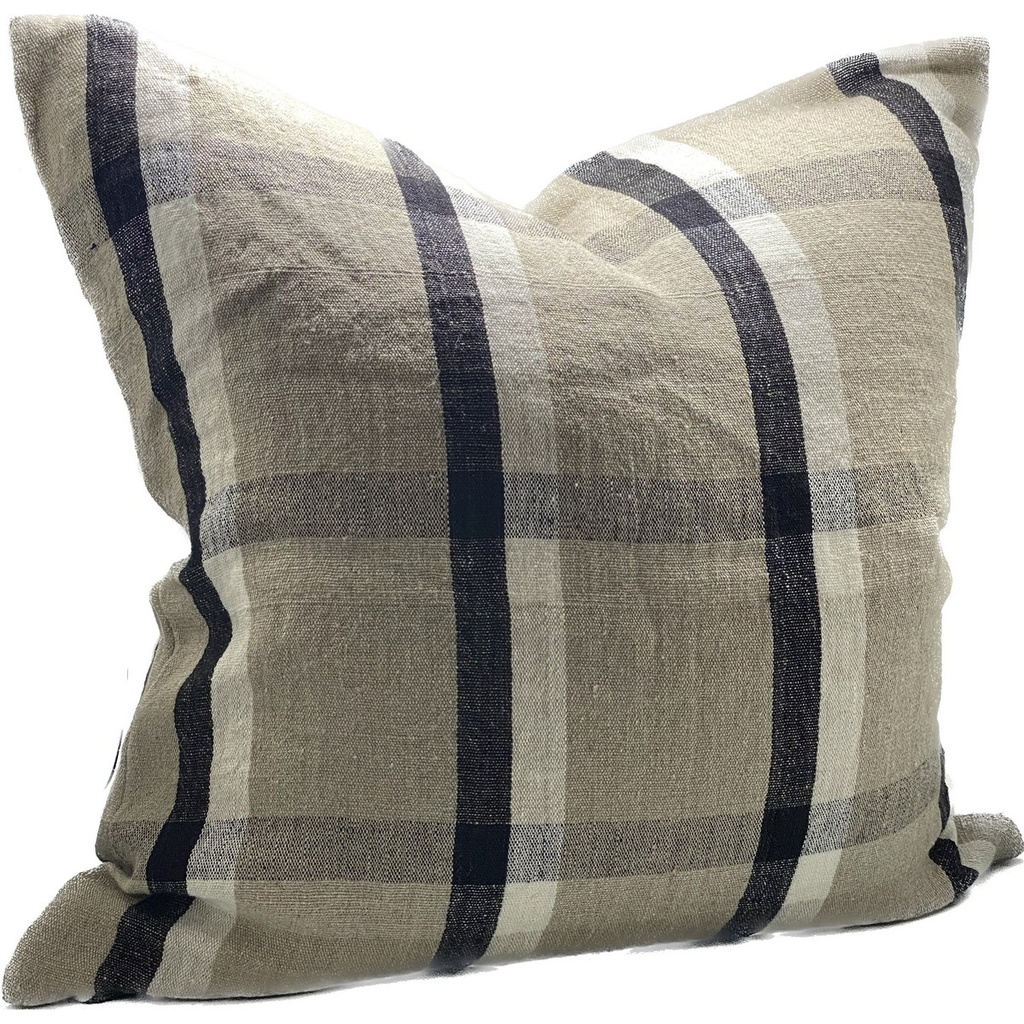 RELAXED LINEN CHECK CUSHION COVER - NATURAL / BLACK / IVORY