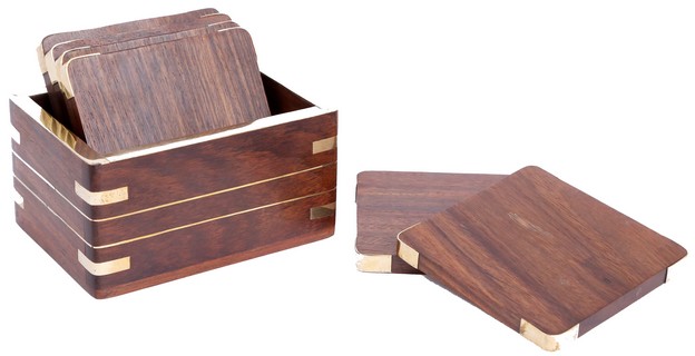 WOODEN COASTER SET WALNUT FINISH