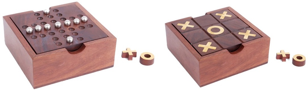 WOODEN TIC TAC TOE SOLITAIRE GAME IN BOX WALNUT FINISH