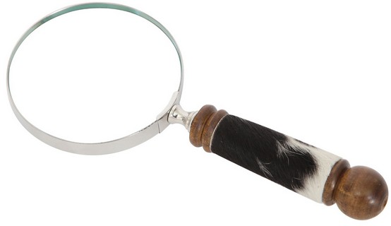 BRASS ALUMINIUM MAGNIFIER W/ HAIR & WOODEN HANDLE