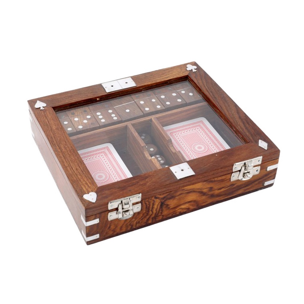 WOOD/ALUMINIUM GAME SET - CARDS, DICE, DOMINOES