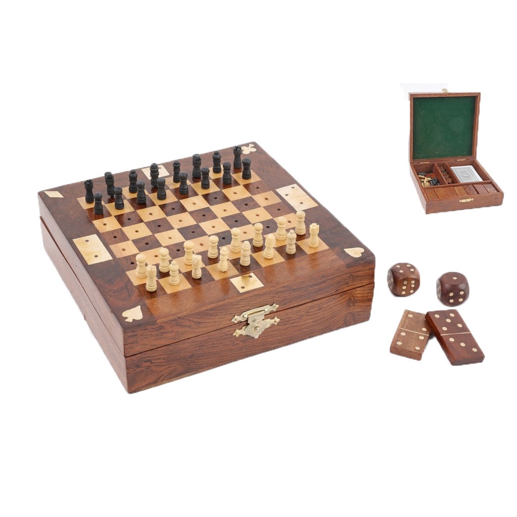 WOODEN GAME SET - CARDS, DICE, DOMINOES, CHESS