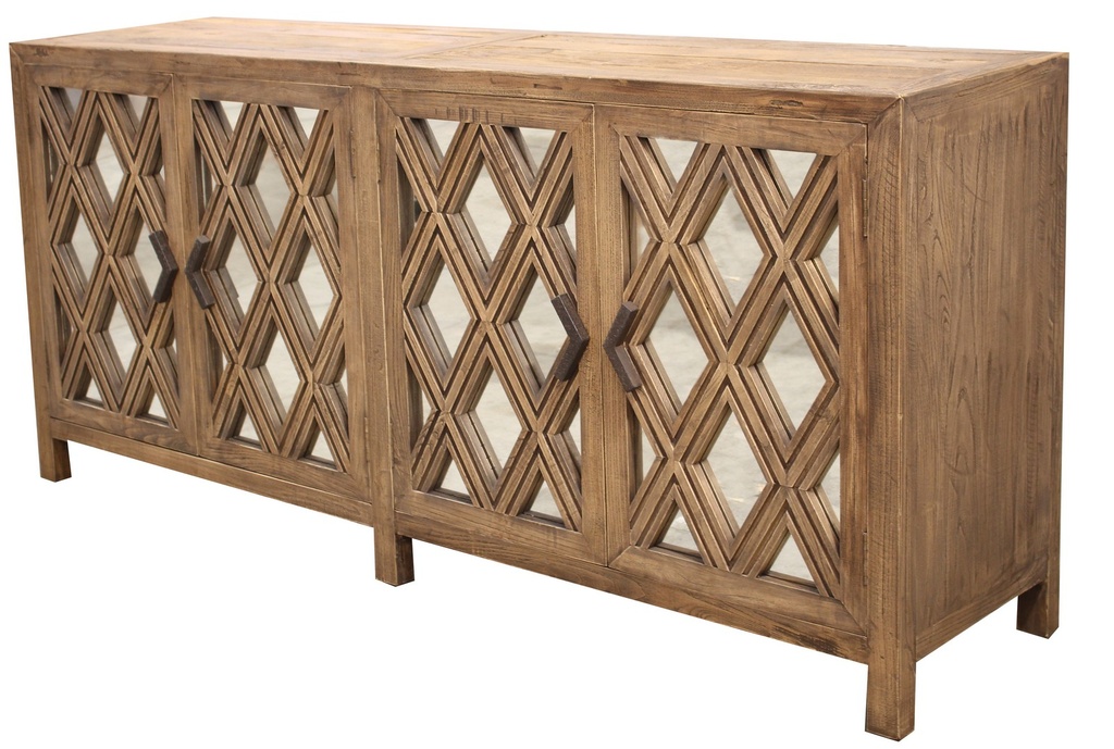 4 DOOR ELM SIDEBOARD, MIRRORED DOORS 
