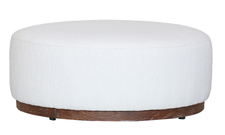 ROUND OTTOMAN W/ WHITE BOULCE FABRIC/ OAK BASE